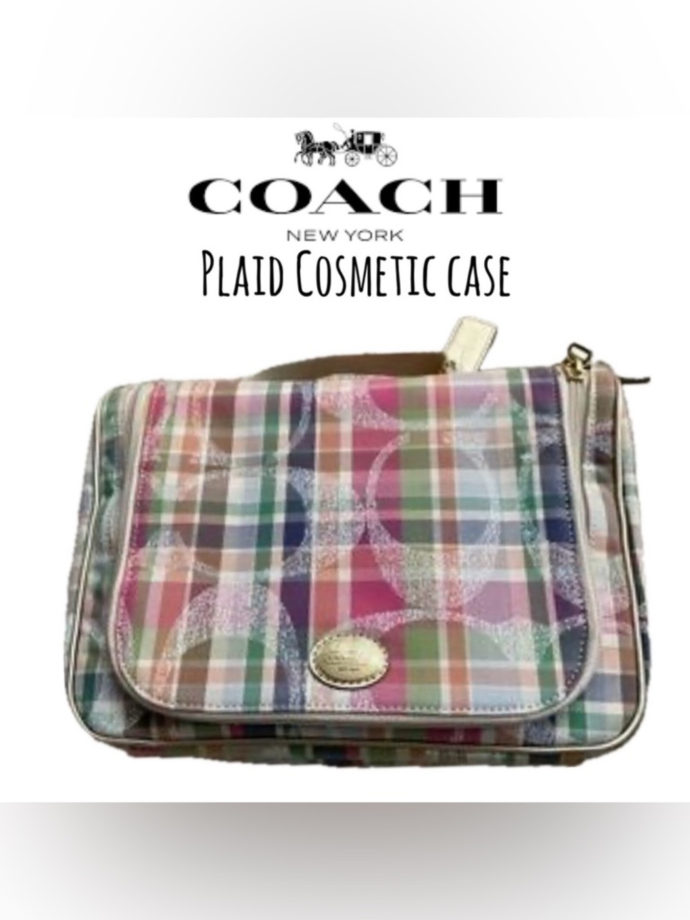 COACH Multicolor Plaid Patent Cosmetic Pouch